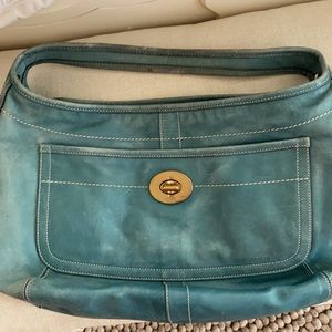 Coach Teal turquoise hobo style leather purse with gold hardware